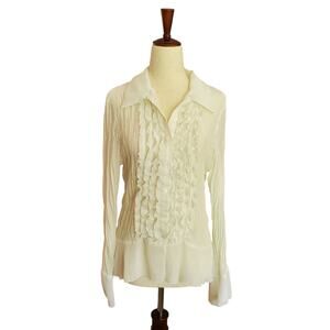 Y2k Worthington White Ruffled Women's Button Down Blouse - Size Medium